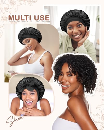BONNET QUEEN Silk Bonnet for Sleeping Women Satin Bonnet Night Sleep Cap Wrap for Curly Hair with Adjustable Tie Band, Single Layer, Cream Pink+Black