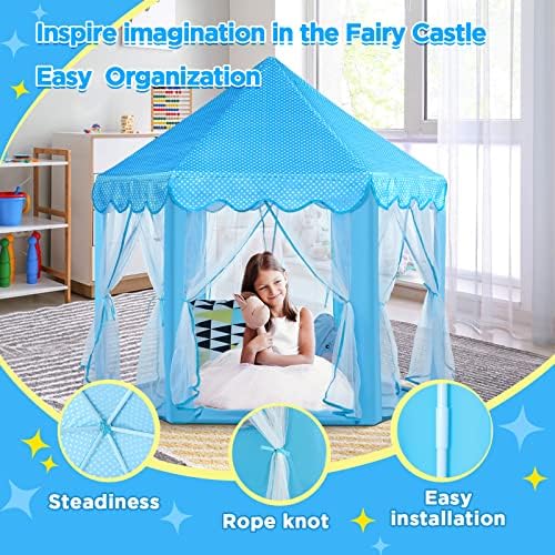 Monobeach Princess Tent Girls Large Playhouse Kids Castle Play Tent with Star Lights Toy for Children Indoor and Outdoor Games, 55'' x 53'' (DxH) (Blue Prinecss Tent with Little Star Lights)