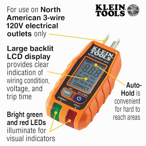 Klein Tools RT250 GFCI Outlet Tester with LCD Display, Electric Voltage Tester for Standard 3-Wire 120V Electrical Receptacles