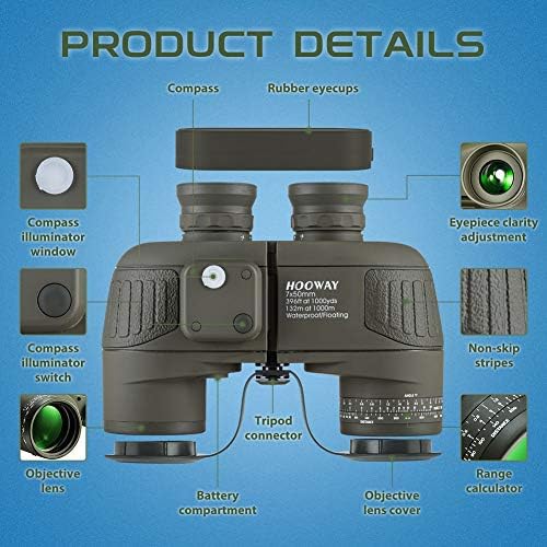 Hooway 7x50 Waterproof Floating Marine Binocular w/Internal Rangefinder & Compass for Navigation,Boating,Bird Watching and More(Army Green
