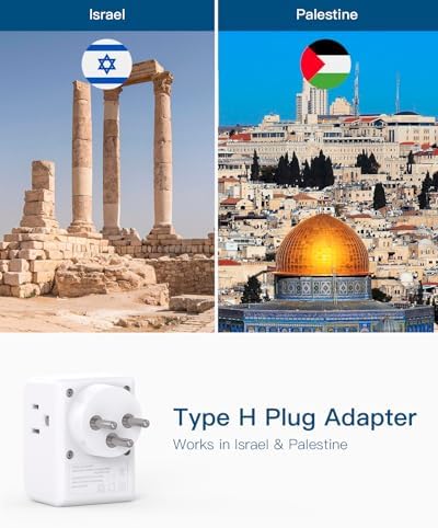 2 Pack Israel Power Adapter, One Beat Israel Travel Plug Adapter with 3 American Outlets 3 USB Ports(1 USB C), 6 in 1 Type H Travel Adapter Plug Converter for US to Israel, Jerusalem, Palestine