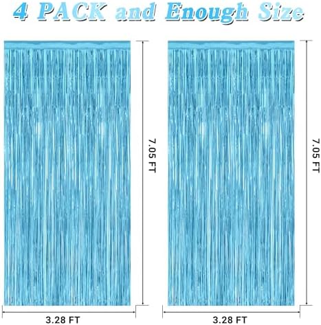 4 Pack Party Decorations, 3.28 FT x 7.05 FT Blue Foil Streamers, Metallic Sky Blue Backdrop Fringe Curtains Bithday Back Drop, Winter Backdrop for Party Supplies Door Decor Hanging