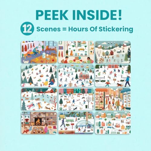 Cupkin Snow Day Sticker Book Activity for Kids, Side by Side Winter Sticker Book, Fun Kid Road Trip Activity, 500+ Kids Stickers + 12 Scenes and Coloring Pages, Crafts for Ages 2-8
