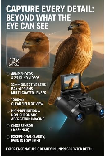 Binoculars with Camera Built in – Digital 12x32 HD Binocular Camera, Tripod Included - 48MP Photos, 2.5K Video, 8X Zoom, with 32GB Memory Card