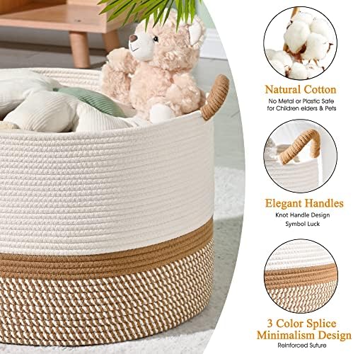 KAKAMAY Large Blanket Basket (20"x13"),Woven Baskets for storage Baby Laundry Hamper, Cotton Rope Blanket Basket for Living Room, Laundry, Nursery, Pillows, Baby Toy chest (White/Brown)