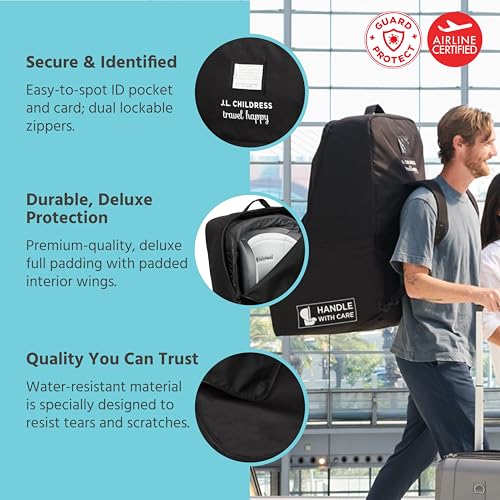 J.L. Childress Padded Backpack Car Seat Bag - Travel Bag for Airplane, Fits Most Baby & Infant Car Seats, Boosters, & Carriers, Accessories for Gate or Baggage Check, AirTag Compatible - Deluxe, Black