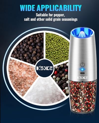 Rechargeable Electric Pepper and Salt Grinder Set, No Battery Needed, whit Gravity Sensing Switch and LED Light, One Hand Automatic Operation, Sliver 2 Pack