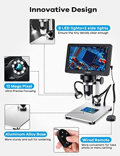 7" LCD Digital Microscope 1200X,Leipan 12MP Coin Microscope with Screen for Adults,1080P Video Microscope with 32GB TF Card and 12pcs Slides,Wired Remote,2 Side Lights,Windows/Mac OS Compatible