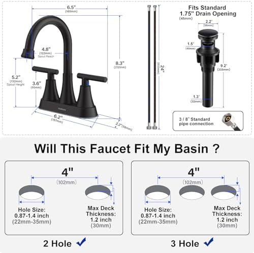 Bathroom Faucets for Sink 3 Hole, Hurran 4 inch Matte Black with Pop-up Drain and 2 Supply Hoses, Stainless Steel Lead-Free 2-Handle Centerset Faucet for Sink Vanity