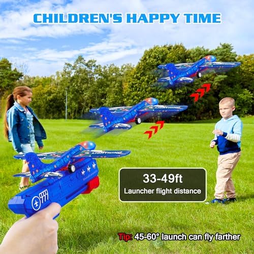 3 Pack Airplane Launcher Toys, 2 Flight Modes LED Foam Glider Catapult Plane, Outdoor Flying Toy for Kids, Birthday Gifts for Boy Girl 6+ Year Old, B-Day Party Supplies