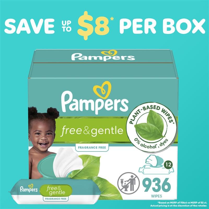 Pampers Baby Wipes, Free & Gentle, Hypoallergenic and Unscented Wipe, 100% Plant Based, Plastic-Free for Babies, 936 Total (12 Flip-Top Packs)