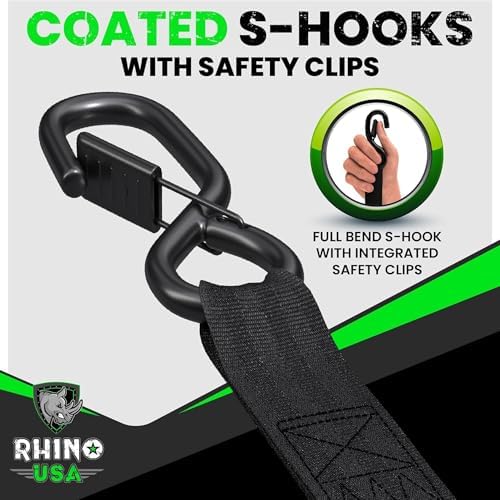 Rhino USA Retractable Ratchet Straps (4-Pack) - 1 Inch x 10 Feet (1,209lb Break Strength) - Heavy Duty Auto Self Retracting Tie Down Straps for Truck, Cargo Trailer, Motorcycle, Rad & More - Black