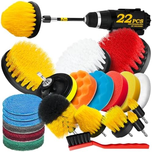 Holikme 22Pack Drill Brush Attachments Set,Scrub Pads & Sponge, Buffing Pads,Power Scrubber Brush,Car Polishing Pad Kit,Wax Applicator Pad,Car Cleaning Kit,Masonry Brushes,Cleaning Supplies