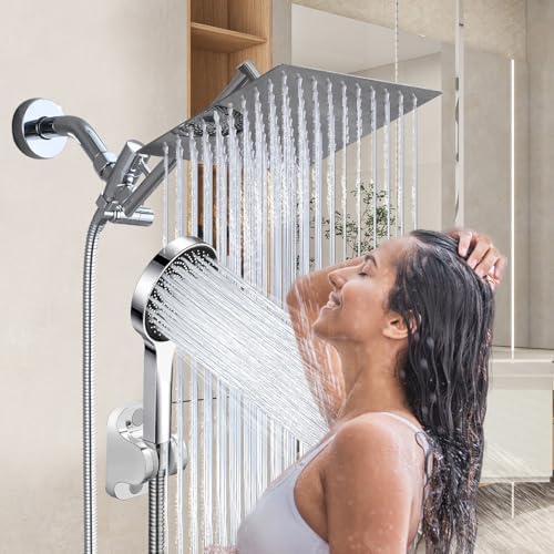 Shower Head,8”Rain Shower Head with Handheld Spray Combo with 11'' Angle Adjustable Extension Arm/Flow Regulator/Shower System,High Pressure Rainfall Shower Head Bathroom,Chrome