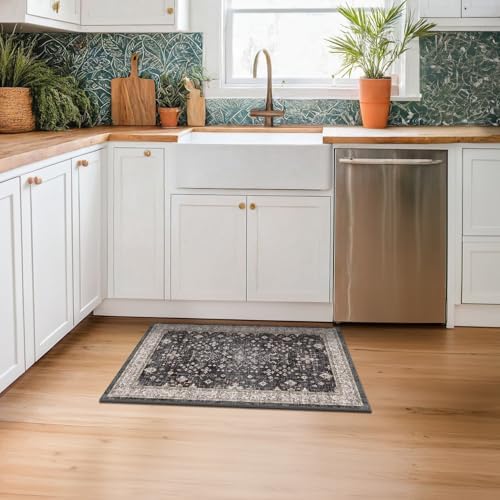 Black Washable Entry Rug, 2x3 Small Rugs for Entryway Kitchen Bathroom Door Mat Indoor Entrance, Non Slip Rubber Backing, Stain & Fade Resistant, Ashen Charcoal Floral Decor