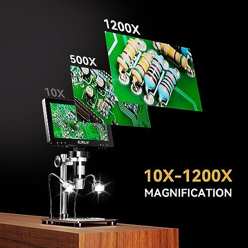 Elikliv 1200X Digital Microscope 7'' Screen, 1080P Coin Magnifier with 12MP Camera Sensor, 10 LED Lights - Microscope for Adults, Windows/Mac OS Compatible, Model EDM9
