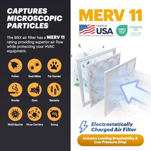 BNX TruFilter 18x24x1 Air Filter MERV 11 (6-Pack) - MADE IN USA - Allergen Defense Electrostatic Pleated Air Conditioner HVAC AC Furnace Filters for Allergies, Dust, Pet, Smoke, Allergy MPR 1200 FPR 7