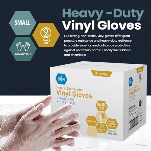 MED PRIDE Clear Vinyl Exam Gloves, Medical Grade Vinyl Disposable Powder-Free Latex-Free, Ambidextrous (X-Large (Pack of 1000) 1000)