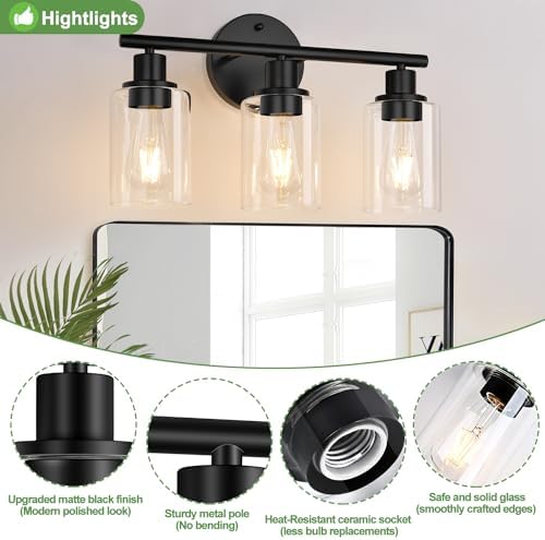 3-Light Bathroom Light Fixtures, Black Modern Vanity Lights with Clear Glass Shade, Bathroom Wall Lamp for Mirror Kitchen Living Room Hallway Cabinet Porch