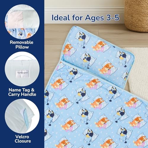 Jay Franco Toddler Nap Mat with Built-in Pillow and Blanket - Soft 46 x 20-inch Microfiber Kids Sleeping Bag for School or Sleepover, Blue - Bluey & Bingo