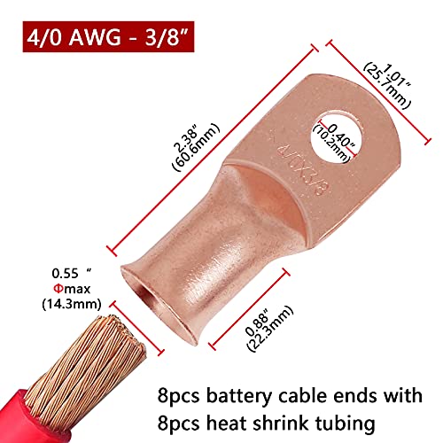 TKDMR 8pcs 4/0 AWG-3/8 Battery Lugs,Heavy Duty Wire Lugs,Ring Terminals,Battery Cable Ends,0 Guage terminals,Battery Terminal Connectors with 8pcs 3:1 Heat Shrink Tubing