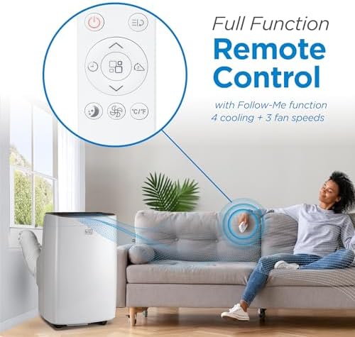 BLACK+DECKER Portable Air Conditioner, 9,000 BTU (5,300 BTU SACC) for Rooms up to 400 Sq. Ft., Portable AC with Follow Me Remote Control and Window Kit, BPACT08WT, White