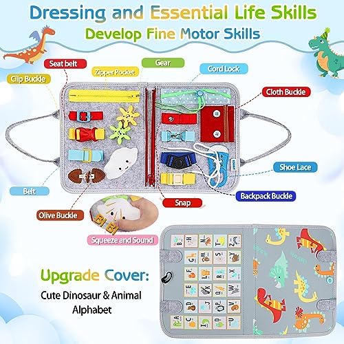 Esjay Toddler Busy Board Montessori Toys for Boys Girls, Sensory Board Educational Activities for Learning Fine Motor Skills, Birthday Gifts for Toddlers, Travel Toys for Airplane Car,Grey Dinosaur