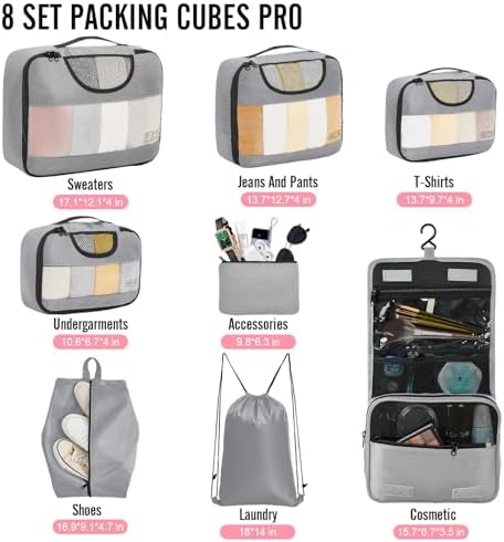Veken 8 Set Packing Cubes for Travel Essentials, Suitcase Organizer Bags in 4 Sizes, Carry-On Luggage Accessories with Large Laundry & Hanging Toiletry Bag, Must-Have for Airplane, Road Trip & Camping