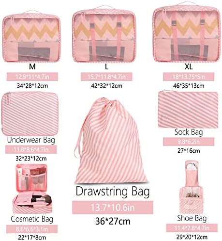 BAGAIL 8 Set Packing Cubes Luggage Packing Organizers for Travel Accessories-White and Pink Stripe