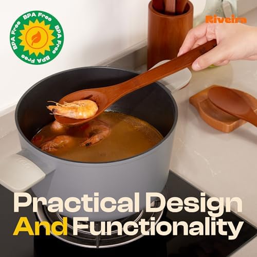 Riveira Premium Brown Bamboo Wooden Spoons for Cooking Set of 9 – Premium Brown Bamboo Wooden Cooking Utensils, Wooden Spatula, Wooden Spoon - Premium Quality Wooden Utensil Set for Non-Toxic Cooking