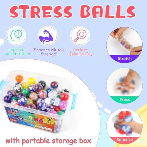 120 Pack Fidget Stress Balls for Adults, Bulk Squishy Squeeze Fidget Balls, Anxiety and Stress Relief Ball for Adults, Birthday Gift, Party Favors and Goodie Bag Stuffers