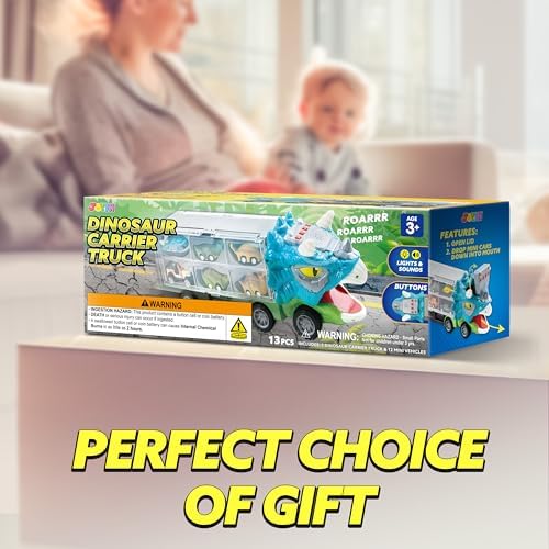 JOYIN 13 in 1 Dinosaur Toys for Kids 3-5, Triceraptor Dinosaur Truck with 12 Pull Back Cars, Birthday Gifts Toys for 3 4 5+ Year Old Boy, Transport Carrier Truck for Toddlers 3-4 Years