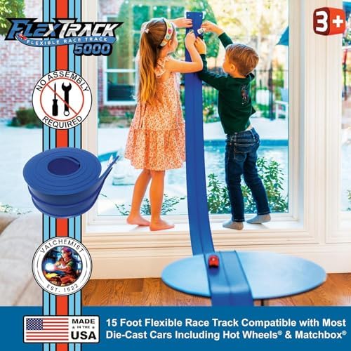 FlexTrack 5000 Flexible Race Car Track for Kids Toy with Suction Cups Compatible with Hot Wheels and Diecast 1/64th Cars and More 15 Feet Long Rolls Up Portable Racetrack (Racing Blue)