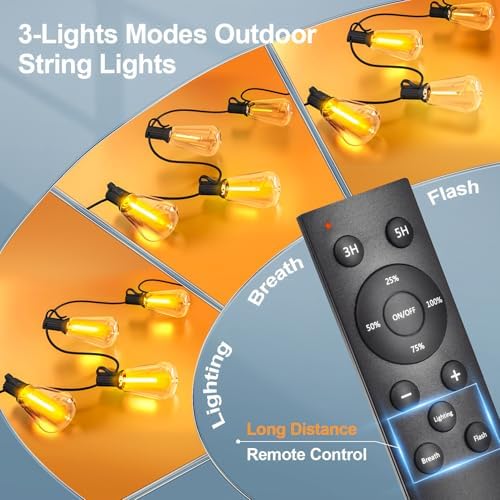 Outdoor String LED Patio Lights - 100Ft 30M Outside Waterproof Light with Remote Dimmable ST38 Shatterproof Bulb Connectable Hanging Outdoor Electric Lighting for Backyard Yard Gazebo Porch Party