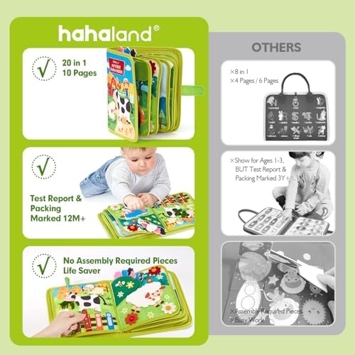 hahaland Busy Book for Toddlers 1-3 - Montessori Toys Busy Board for 1 Year Old Boy Gifts Girl Toys Educational Learning Quiet Activity Books Travel Toy One Year Old Birthday Christmas Toddler Gifts