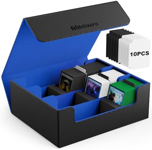 Mlikero Card Deck Case, 1800+ Trading Card Storage Box with 10 Dividers and 3 Foam Stoppers, Leather Magnetic Closure Commander Deck Box Fit for YuGiOh, MTG and Sport Cards(Black&Blue)