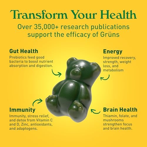 Gruns Adults Super Greens Gummies, Multivitamin Superfood Gummy Bears with Spirulina, Chlorella, Prebiotics & Fiber for Digestive Health, Adaptogens Supplement with 20 Vitamins & Minerals, 28 Count