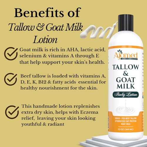 Grass Fed Beef Tallow & Goat Milk Body Lotion for Sensitive Skin, Organic Tallow moisturizer- Soothes Dry Patches, Goat Milk Moisturizer - Handmade Tallow Body Lotion (Oatmeal & Honey, 12 Oz)