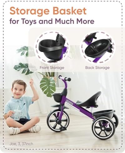 KRIDDO Kids Tricycles Age 24 Month to 4 Years, Toddler Kids Trike for 2.5 to 5 Year Old, Gift Toddler Tricycles for 2-4 Year Olds, Trikes for Toddlers, Purple