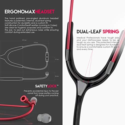 MDF Instruments, Acoustica Lightweight Stethoscope for Doctors, Nurses, Students, Home Health Use, Adult, Dual Head, Black Tube, Red Chestpiece-Headset, MDF747XPR11