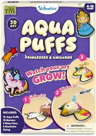 Skillmatics 3D Art Kit - Aqua Puffs Princesses & Unicorns, Mess-Free Paint by Number Craft for Kids, DIY Color & Inflate Activity, Travel & Creative Gift for Girls & Boys Ages 4, 5, 6, 7, 8, 9, 10