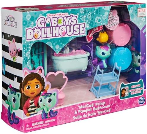 Gabby's Dollhouse, Primp and Pamper Bathroom with Mercat Figure, 3 Accessories, 3 Furniture and 2 Deliveries, Kids Toys for Ages 3 and up