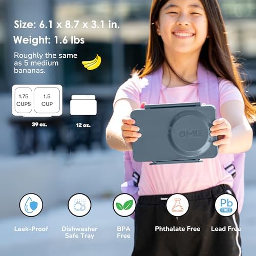 Omie OmieBox UP bento Box for Kids | Insulated Lunch Box | Leak Proof Vacuum Insulated Thermal Food jar | Cooler ice Pack | 2 Compartments (Graphite)