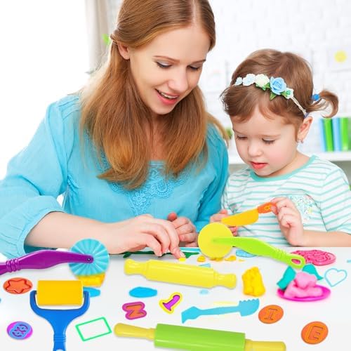 Playdough Tool Set, 56 Pcs Play Dough Tools Sets for Kids Ages 4-8, Playdough Accessories Includes Alphabet Numbers Shapes, Cutters Roller, Rolling Pins, Safety Scissors, Plastic Knife