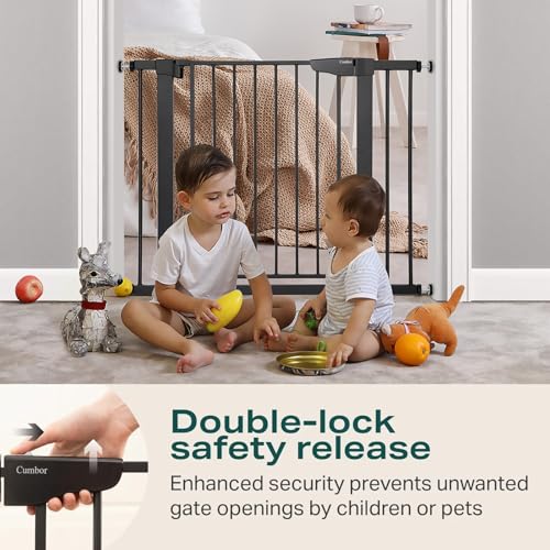 Cumbor 29.7-40.6" Baby Gate for Stairs, Baby Essential Safety Gate, Mom's Choice Awards Winner-Dog Gate for Doorways, Pressure Mounted Auto-Close Pet Gates for Dogs Indoor, Durable Child Gate, Black