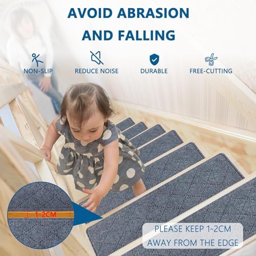 Stair Treads for Wooden Steps Indoor, 15 Pack 8" X 30" Non Slip Carpet Stair Treads with Reusable Adhesive for Kids Elders and Dogs, Surface Polyester TPR Backing Stair Runner Rugs, Dark Grey