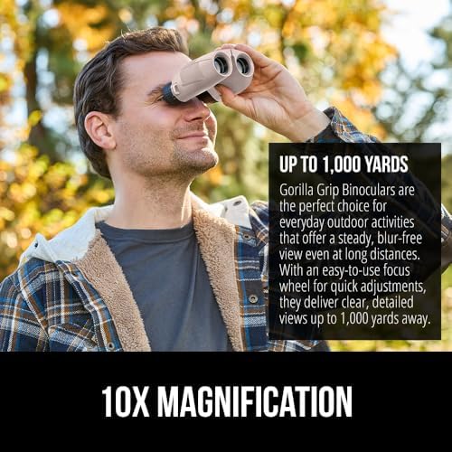 GORILLA GRIP 10x25 Compact Binoculars for Adults with Strap, Superior High Powered Clear 10X Magnification, Lightweight, Bird Watching, Hunting, Stargazing, Adjustable Eye Cups, Khaki