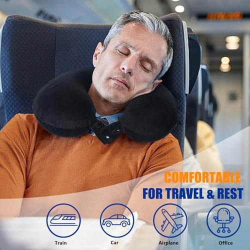 SAIREIDER Neck Pillows for Travel 100% Memory Foam Adjustable Travel Pillows with Storage Bag, Sleep Mask and Earplugs-Prevent The Heads from Falling Forward (Black)