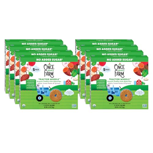 Once Upon a Farm | Organic Toddler Soft-Baked Bar Tractor Wheels | Apple, Sweet Potato & Spinach | Made with Real Fruit & Veggies | No Added Sugar | 8 Boxes