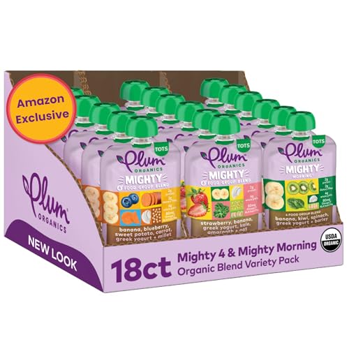 Plum Organics Stage 4 Variety Pack – Toddler’s Taste Adventure & Sunrise Pack – Mighty 4 & Mighty Morning Organic Fruit & Veggie Pouches – 4 oz Pouch, Pack of 18 (Amazon Exclusive)